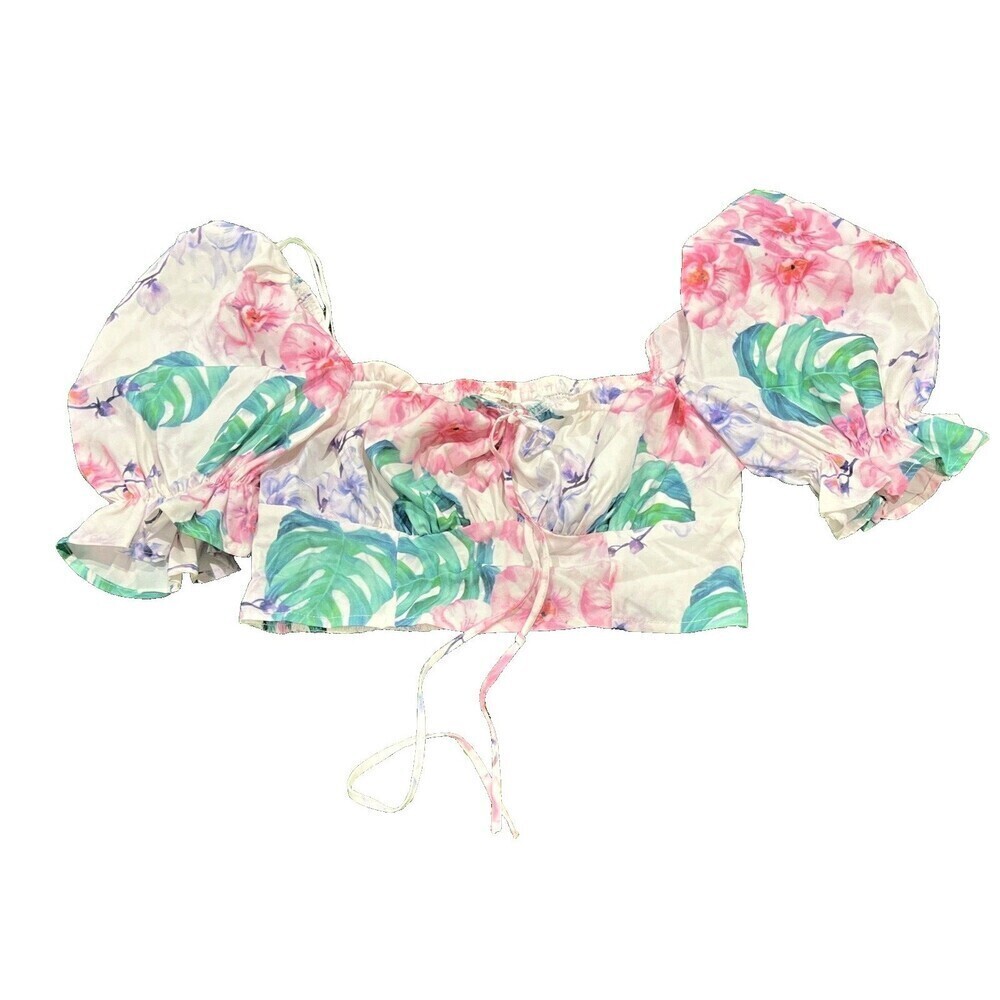 Apeach  Tropical Peasant Puff Sleeve Stretchy Crop Top Summer Boho Medium